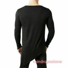 Men Asymmetrical Long Sleeve T Shirt Black White Irregular Hem Gothic Top