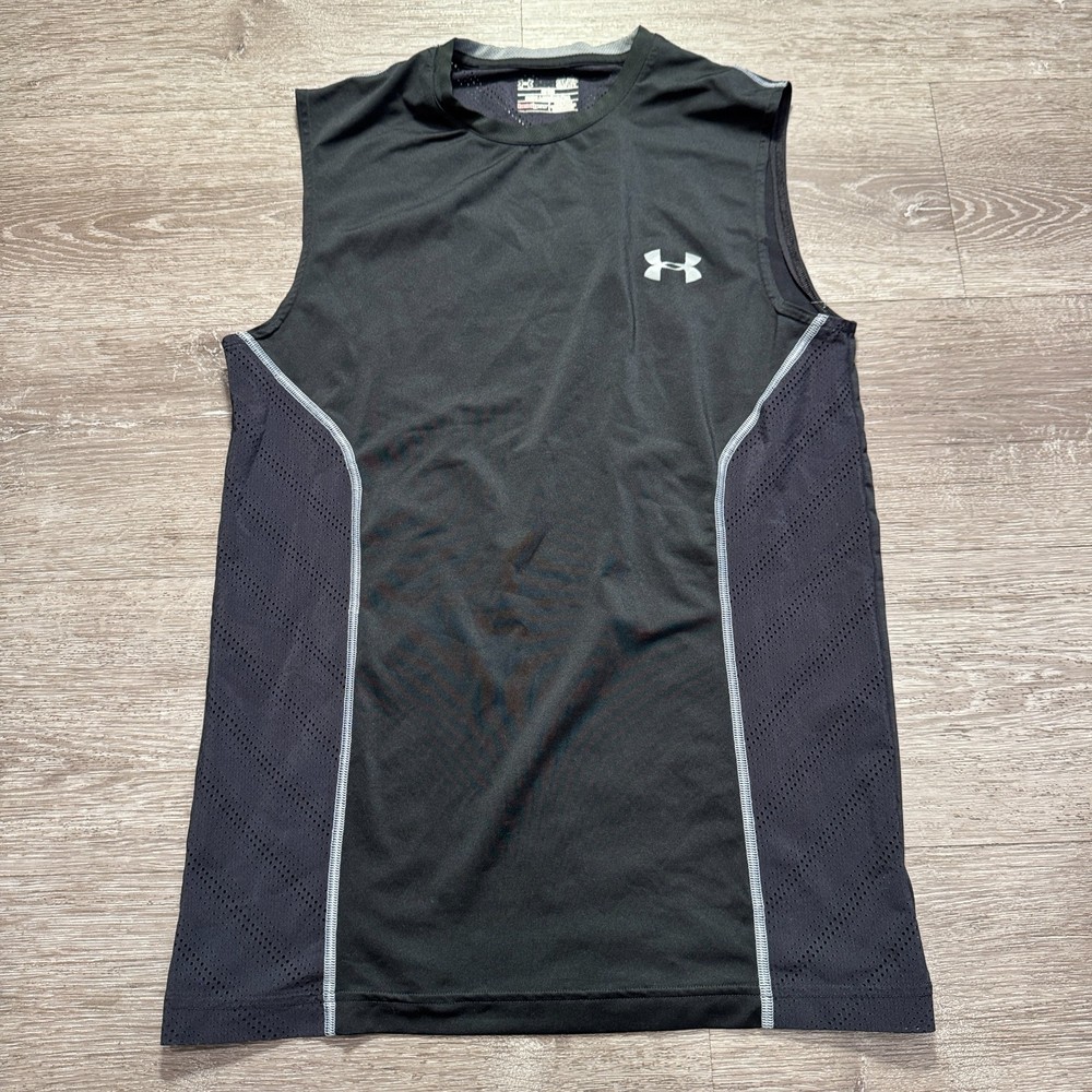 Under Armour Shirt Mens Small Black Tank Top Fitted Logo Workout Performance