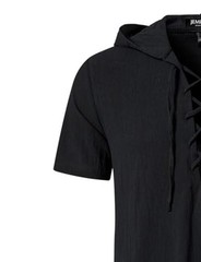 Men’s Cotton Vintage Hooded Design Short Sleeve Lace up Shirts for Large Black