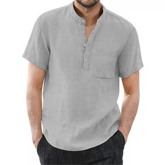 Camiseta Hombre Algodón Lino Manga Corta Color Sólido Verano Cómoda Casual