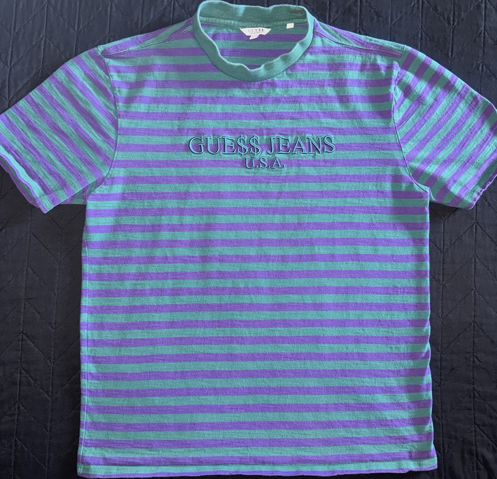 GUESS ASAP A$AP Originals Men’s Purple Green Striped Logo T-Shirt Size M