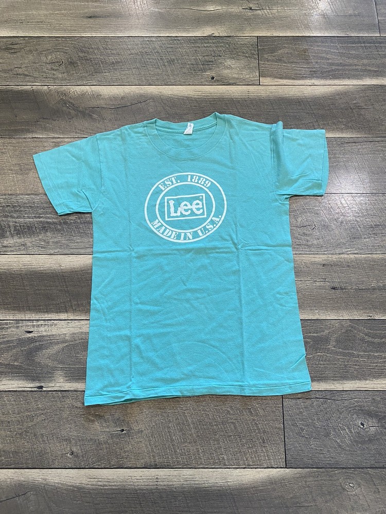 Vintage Lee Jeans CLASSIC LOGO T Shirt Turquoise Sz M Rare Single Stitch 80s
