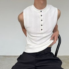 Men’s Ribbed Vest Sleeveless For Henry Collar Slim Fit Streetwear Sports Top