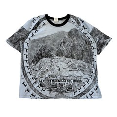 Vintage Blue All Over Print Machu Picchu Peru Nature Graphic T-shirt Large