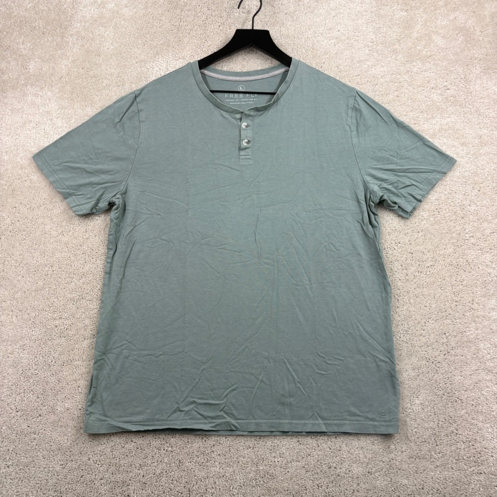 Free Fly T Shirt Mens Size Large Green Short Sleeve Henley Cotton Viscose