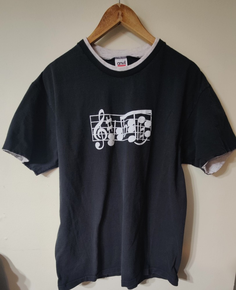 Vintage Anvil Music Note Graphic Lined T-shirt Adult Large Preshrunk