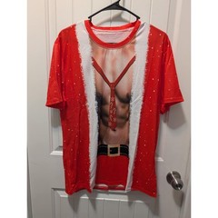 Mens Casual Christmas Short Sleeve 3D Chest Muscle Graphic T-Shirt Funny Sz. XXL