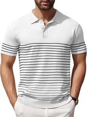 Men’s Striped Knit Polo Shirt Lightweight Short Sleeve Casual Collared Golf Tee