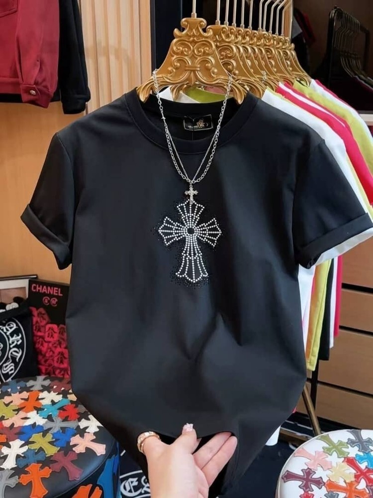 New Fashion Men Trend Cross Drills Rhinestone Diamond Streetwear Luxury T-Shirt