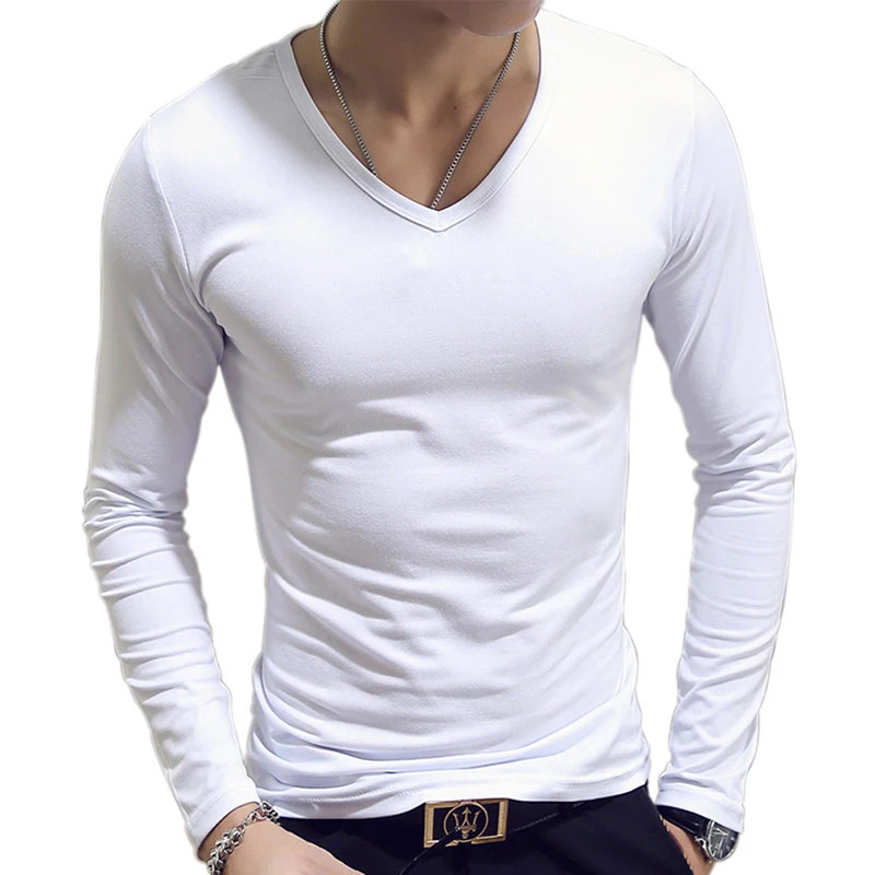 Men T Shirt Long Sleeve Slim Fit Solid Color Round Neck V Neck Cotton Top