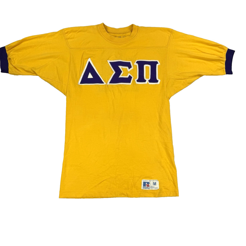 Vtg Mens Russell Delta Sigma Pi Fraternity Ringer T Shirts Yellow 70s Burt Med