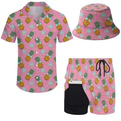 Mens Pineapple 2 Piece Hawaiian Shirt Set Outfit and Compression Liner 2 in 1…
