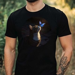 Mens Cat and Butterfly Print Cotton T-Shirt Size XS to 5XL