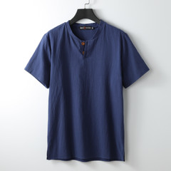 Men’s Stand-up Collar Short Sleeve Cotton Hemp Summer T-shirt Loose Linen V-neck