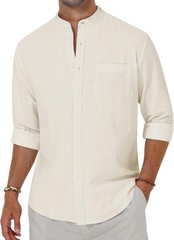 Men’s Linen Button Down Shirt Long Sleeve Band Collar Casual Beach Top