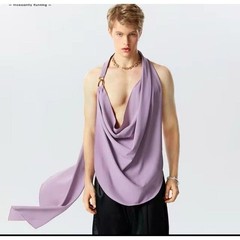 Unisex Small Cowl Neck O-Ring Linked Irregular Sleeveless Tank Tops Purple