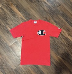 Champion Men’s Small Red Crew Neck Short Sleeve Cotton Knit Logo T-Shirt Vintage