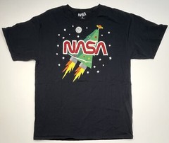 NASA Adult LARGE Black S/S Christmas Tree Rocket Graphic T-SHIRT Cotton EUC