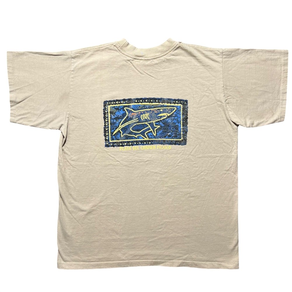 Vintage 90s Caribbean Playa Del Carmen Mexico Shark Souvenir T Shirt Tan Mens XL