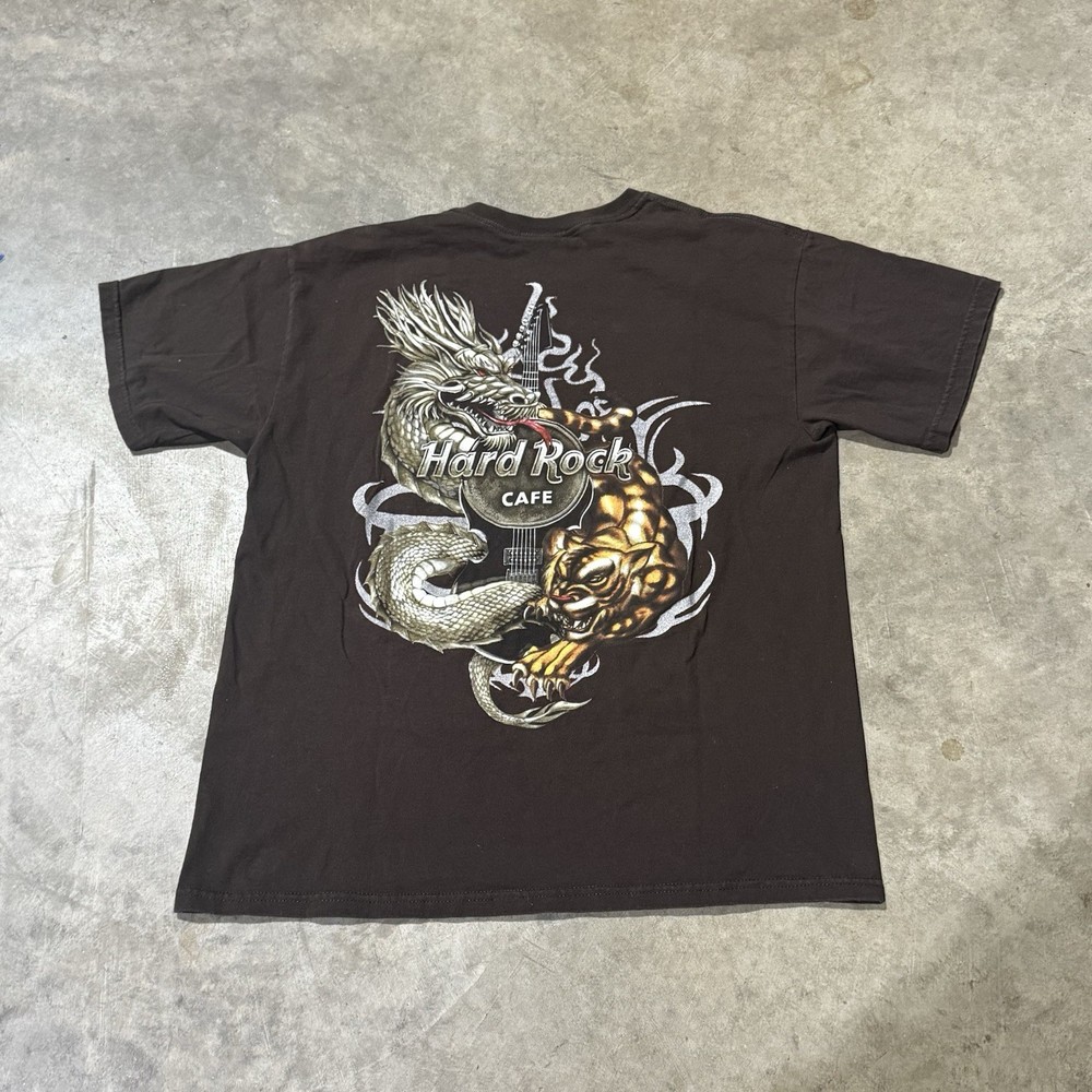 Hard Rock Y2k Surf Skate Vintage Dragon and Tiger T-Shirt Brown Size L 2000s emo