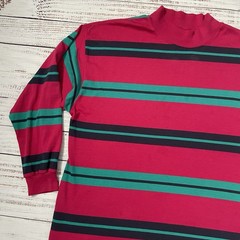 Vintage Class 955 Pink Green Striped Long Sleeve Blank Shirt Adult M Mock Neck