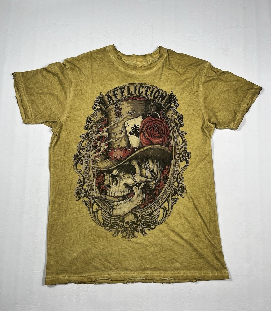 Affliction Live Fast T Shirt Mens Large Yellow Skull Graphic Distressed Y2K Tee