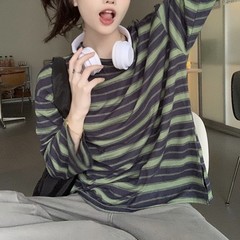 Korean Fashion Women’s Loose Striped Blouse Long Sleeve Crew Neck Streetwear