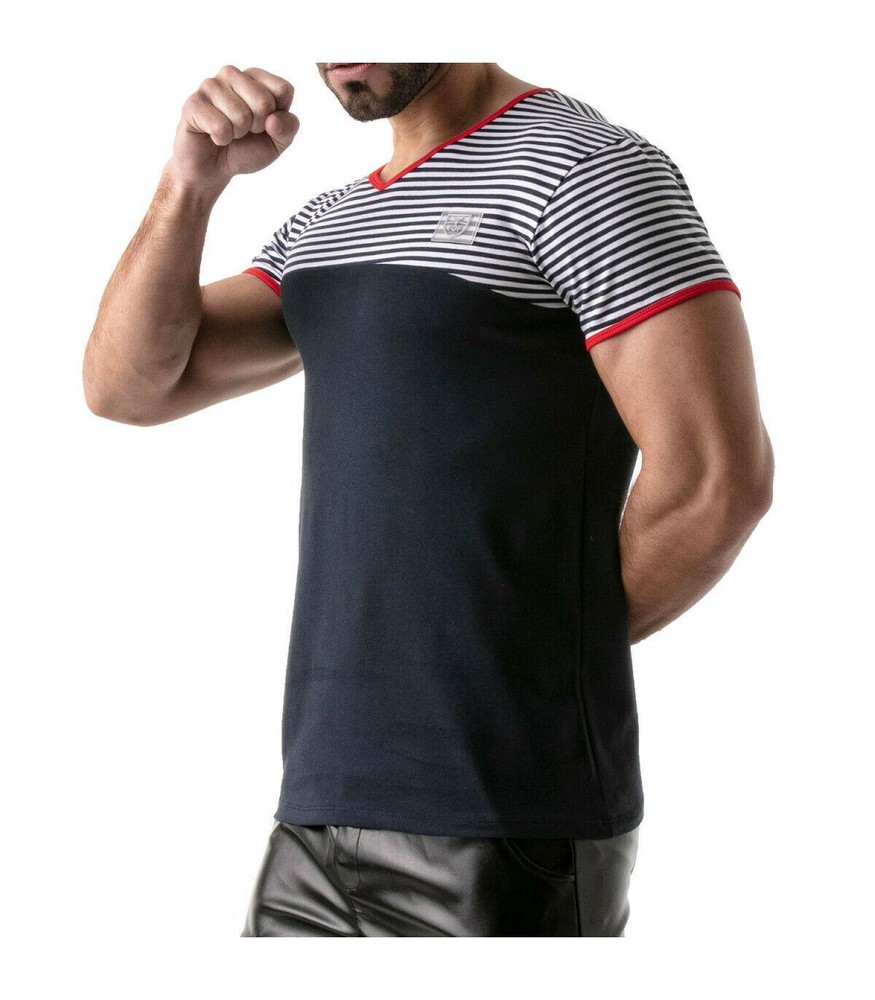 ”TOF PARIS” T-Shirt Half-Striped Cotton Jersay Casual Modern Style Red 22