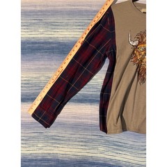 Upcycled Hybrid Flannel Tee Bison Graphic Tan Red Plaid Long Sleeve Mens Medium