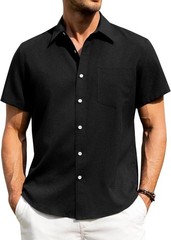 Men’s Linen Shirt Short Sleeve Button Down Wrinkle Free Casual Summer Beach Top
