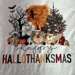 Happy HalloThanksMas Shirt Fall Size L Thanksgiving Christmas Pumpkins Trees