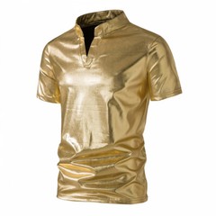 Men’s Glossy Henry Collar Fashion Nightclub T-Shirt