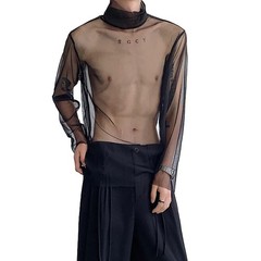 Mens Mesh Sheer Turtleneck Casual Long Sleeve Shirt For Streetwear Use