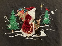 Black LS Tshirt With Old World Embroidered Santa Winter Scene Size L (12-14) VTG