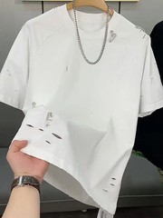 Trendy Men’s Streetwear Distressed Cotton T-Shirt Rhinestone Pin Casual Top
