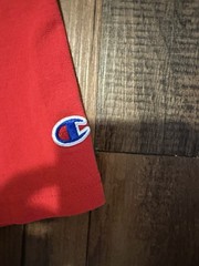 Champion Men’s Small Red Crew Neck Short Sleeve Cotton Knit Logo T-Shirt Vintage