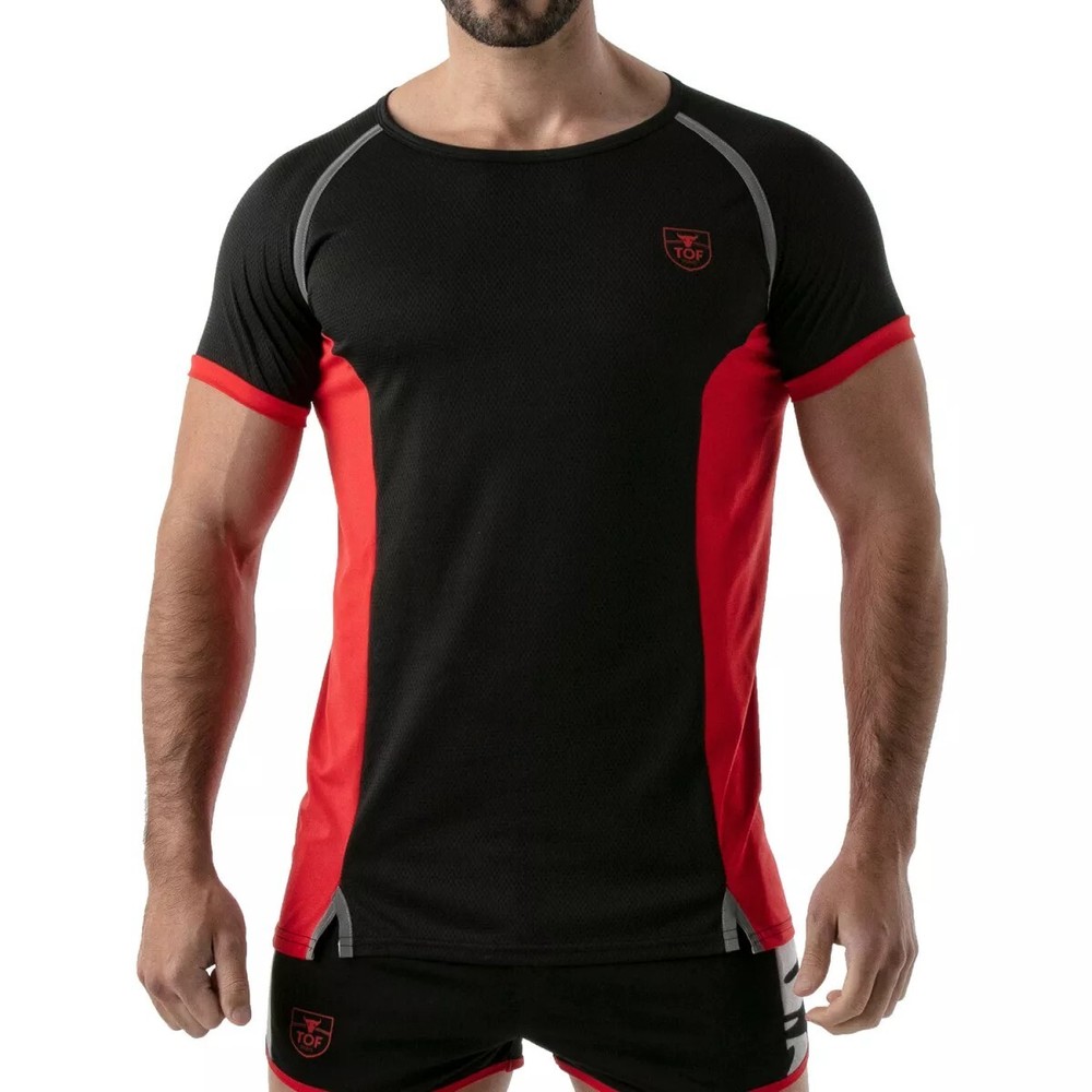 TOF PARIS Sports Gym Total Protection Muscle T-Shirt Antibacterial Black-Red 40