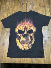 Way to Celebrate Black Flaming Skull Graphic Print Biker T-Shirt Mens Medium