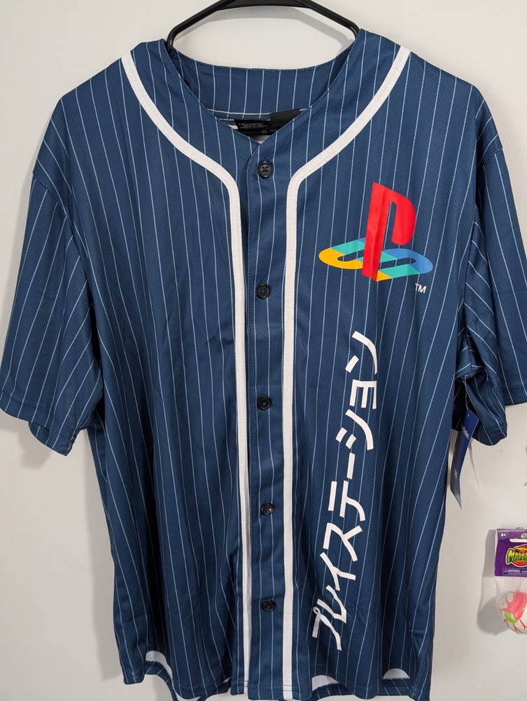 PlayStation Katakana Kanji Baseball Jersey Official License Navy Pinstripe Small