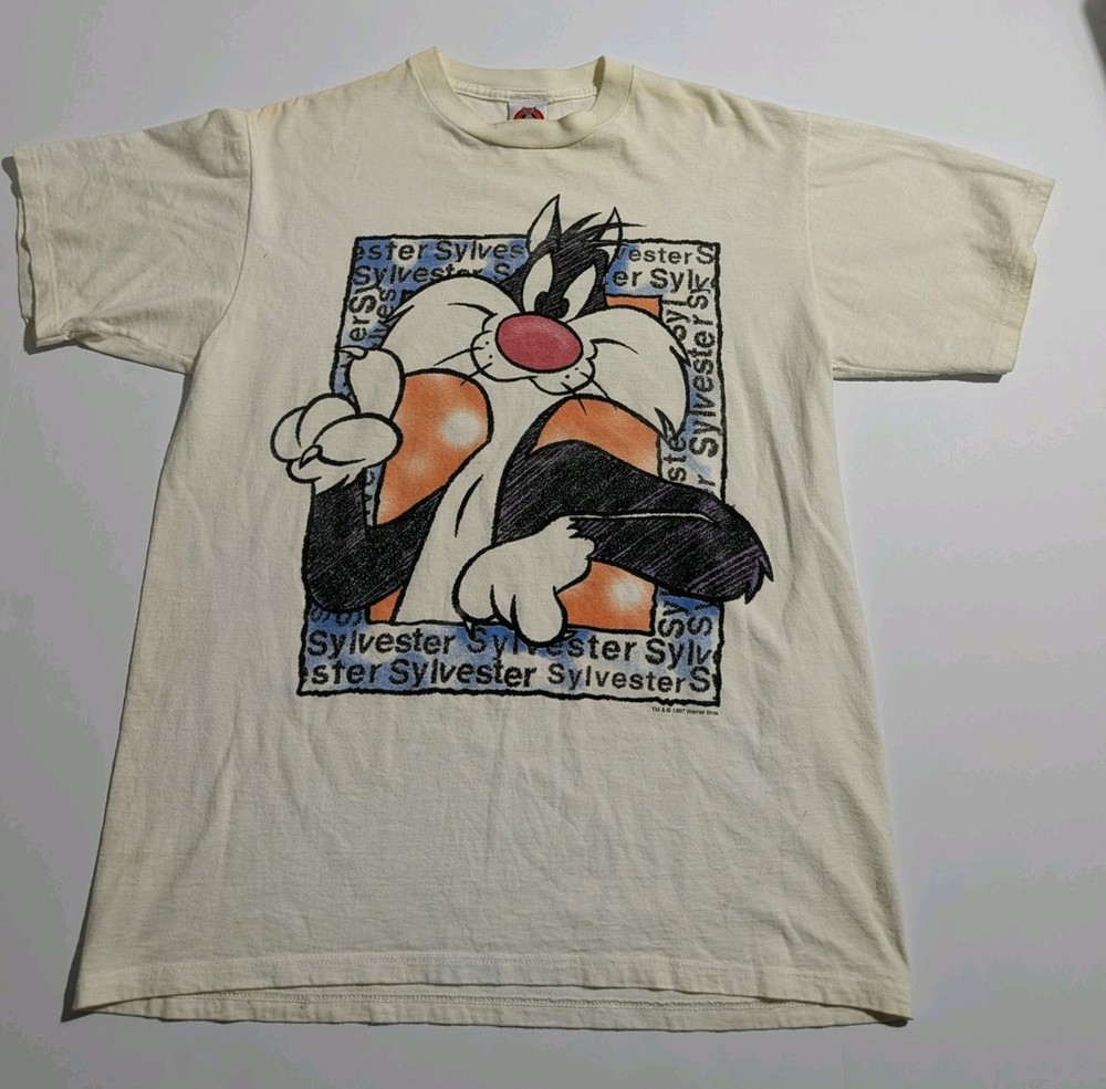 Looney Tunes Men’s L White Sylvester Graphic Print Crew Neck Tee 90s