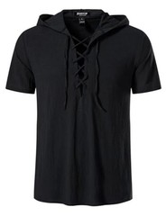 Men’s Cotton Vintage Hooded Design Short Sleeve Lace up Shirts for Large Black