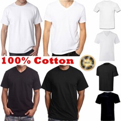 Men 100% Cotton Thick Casual T-Shirt Basic Tee Crew V-Neck White Black S-4XL LOT