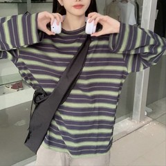 Korean Fashion Women’s Loose Striped Blouse Long Sleeve Crew Neck Streetwear