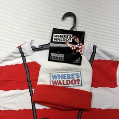 Where’s Waldo Shirt Mens XL Red Stripe Costume T-Shirt Beanie Combo Halloween