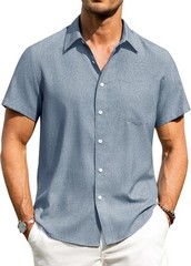 Men’s Linen Shirt Short Sleeve Button Down Wrinkle Free Casual Summer Beach Top