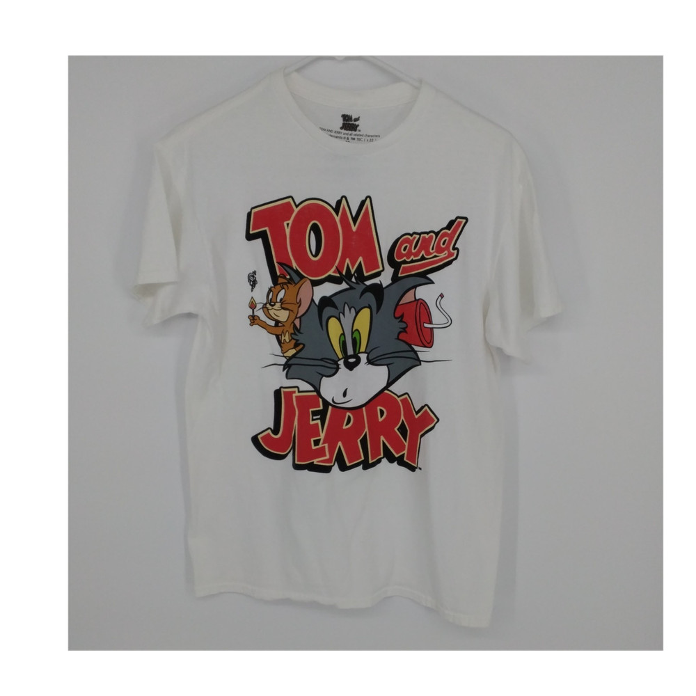 Tom and Jerry Men’s M White Graphic Print Crew Neck Short Sleeve Cotton T-Shirt