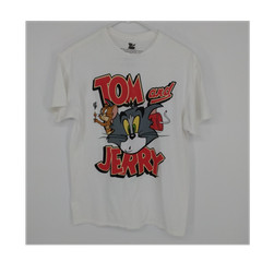 Tom and Jerry Men’s M White Graphic Print Crew Neck Short Sleeve Cotton T-Shirt