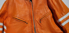 Vtg Bates Leather Motorcycle Racing Jacket Harley Orange w Stripes 1960’s L Cafe