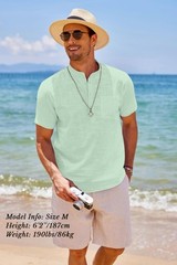 Men’s Casual Cotton Linen Henley Shirts Beach with Pocket Light Green L