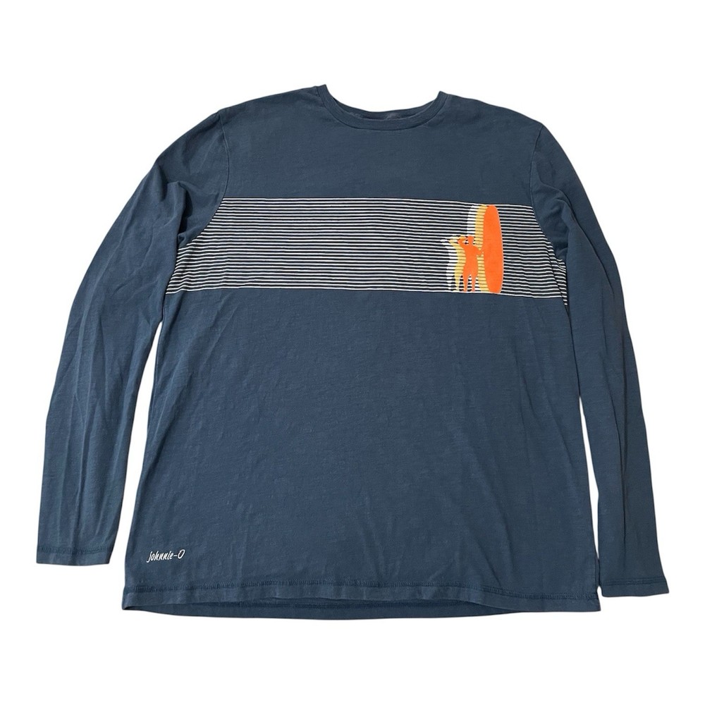 Johnnie O T Shirt Mens L Large Blue Long Sleeve Graphic Crew Neck Surfer Beach
